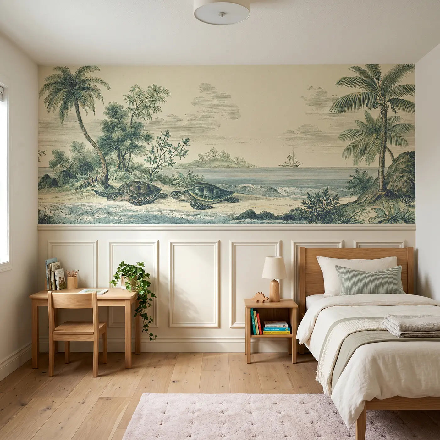 Botanical Elegance turtle island shore view wainscoting wallpaper for nursery by Whimsy Tots