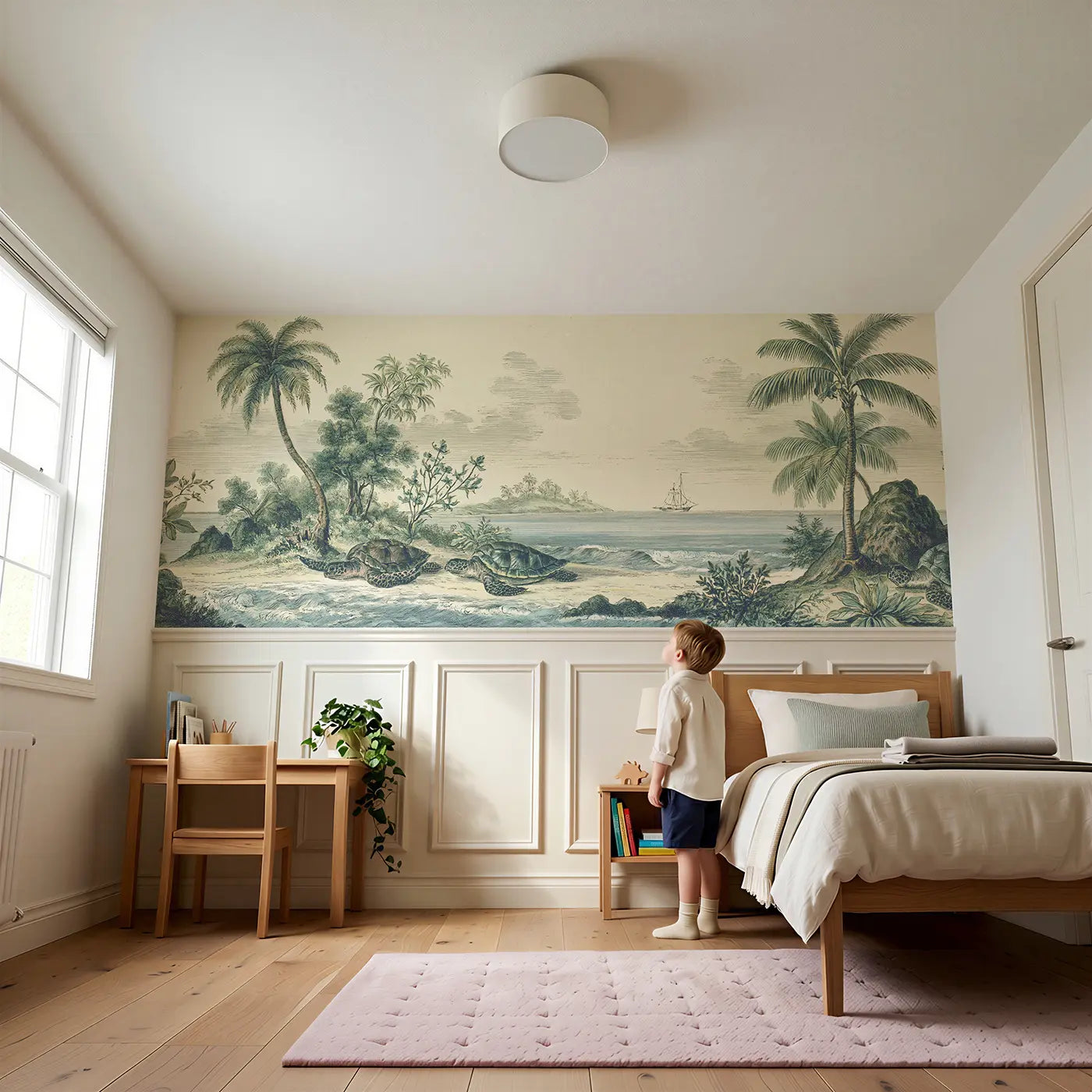 Child reading near Turtle Island Shore View Wainscoting Wallpaper by Whimsy Tots