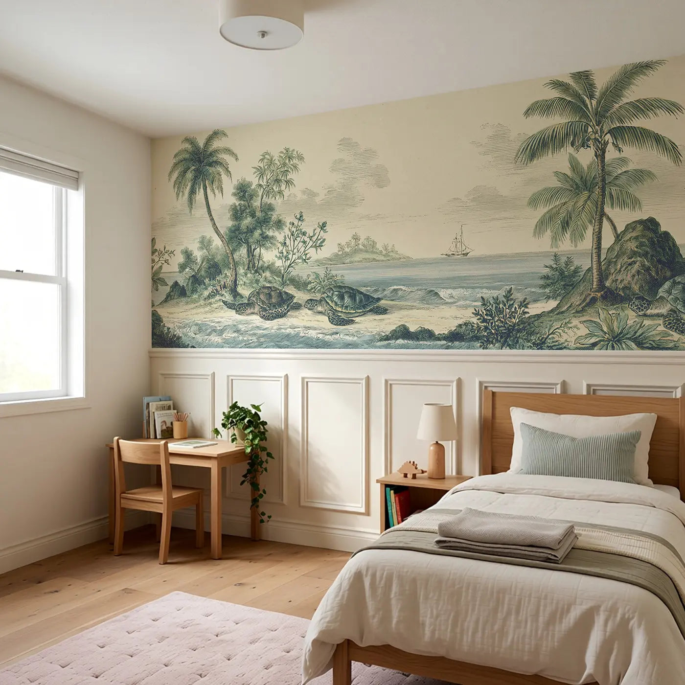 Turtle Island Shore View Wainscoting Wallpaper styled in a kids bedroom by Whimsy Tots