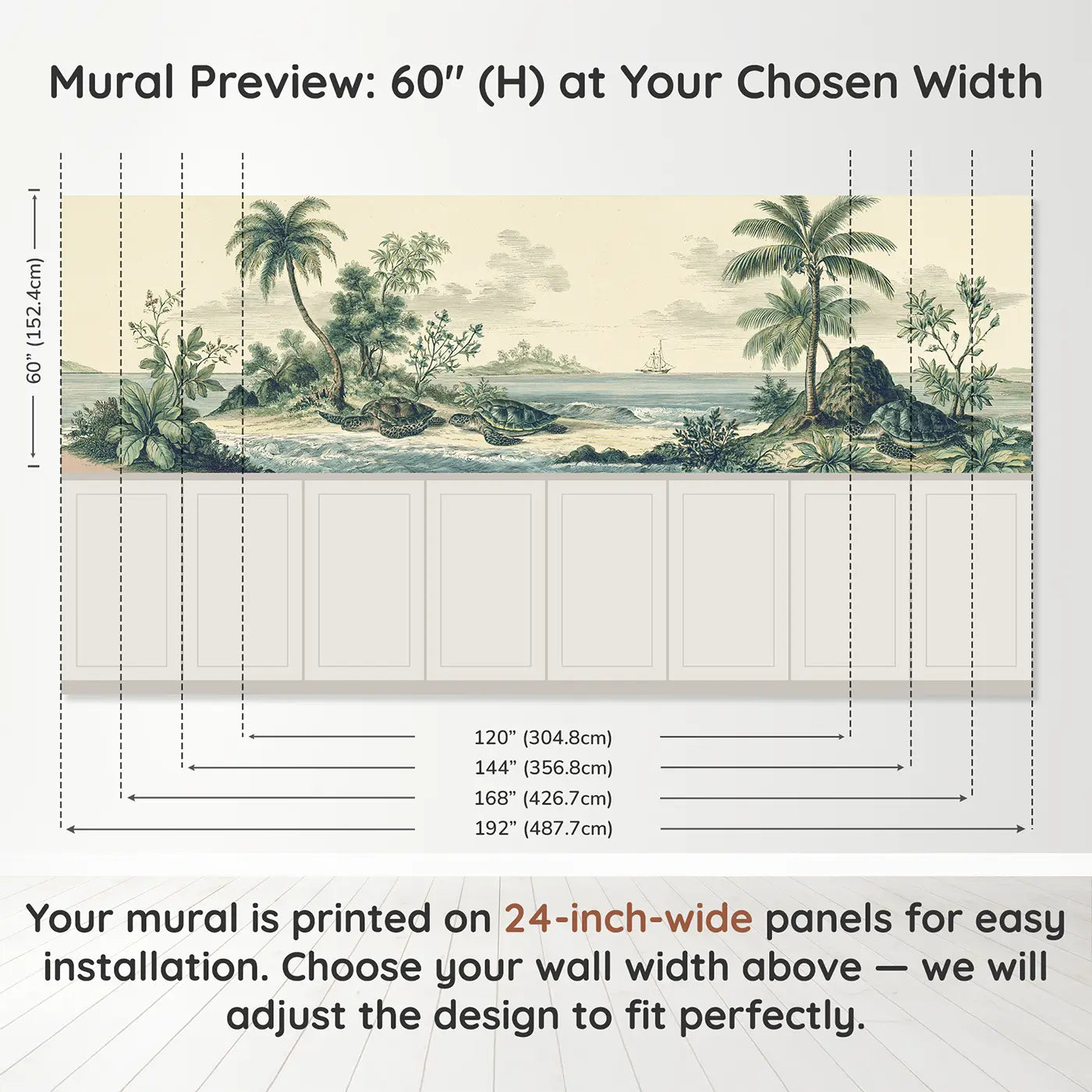 Panel dimensions for Turtle Island Shore View Wainscoting Wallpaper by Whimsy Tots