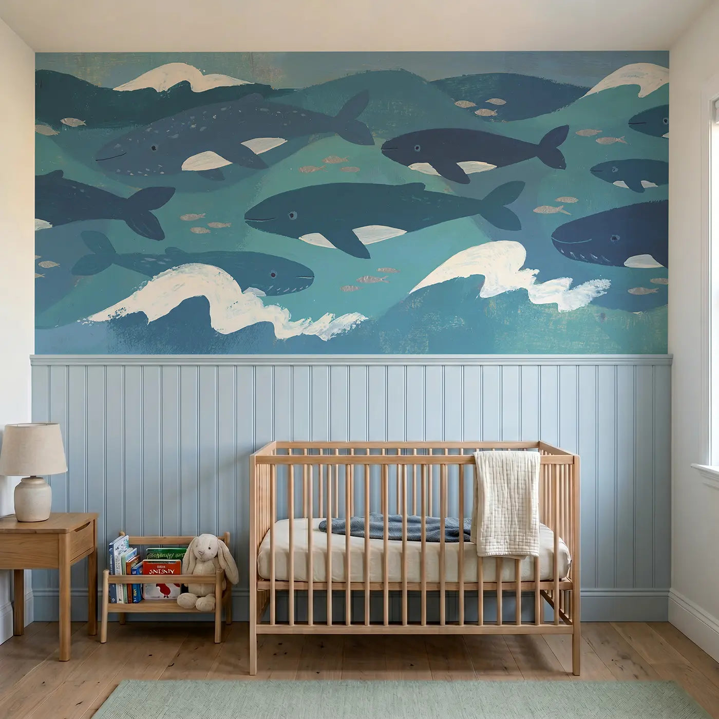 Modern Illustration graphic whale pod ocean wainscoting wallpaper for nursery by Whimsy Tots