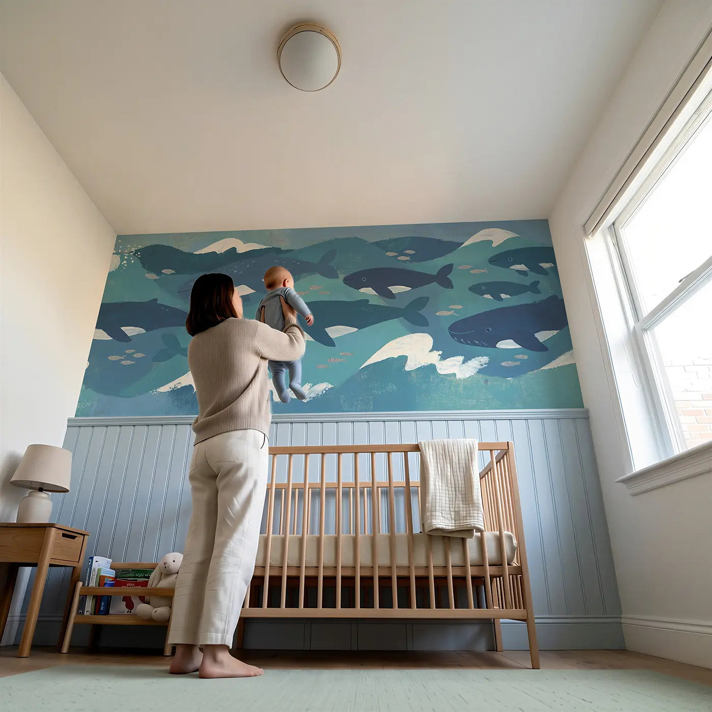 Child reading near Graphic Whale Pod Ocean Wainscoting Wallpaper by Whimsy Tots