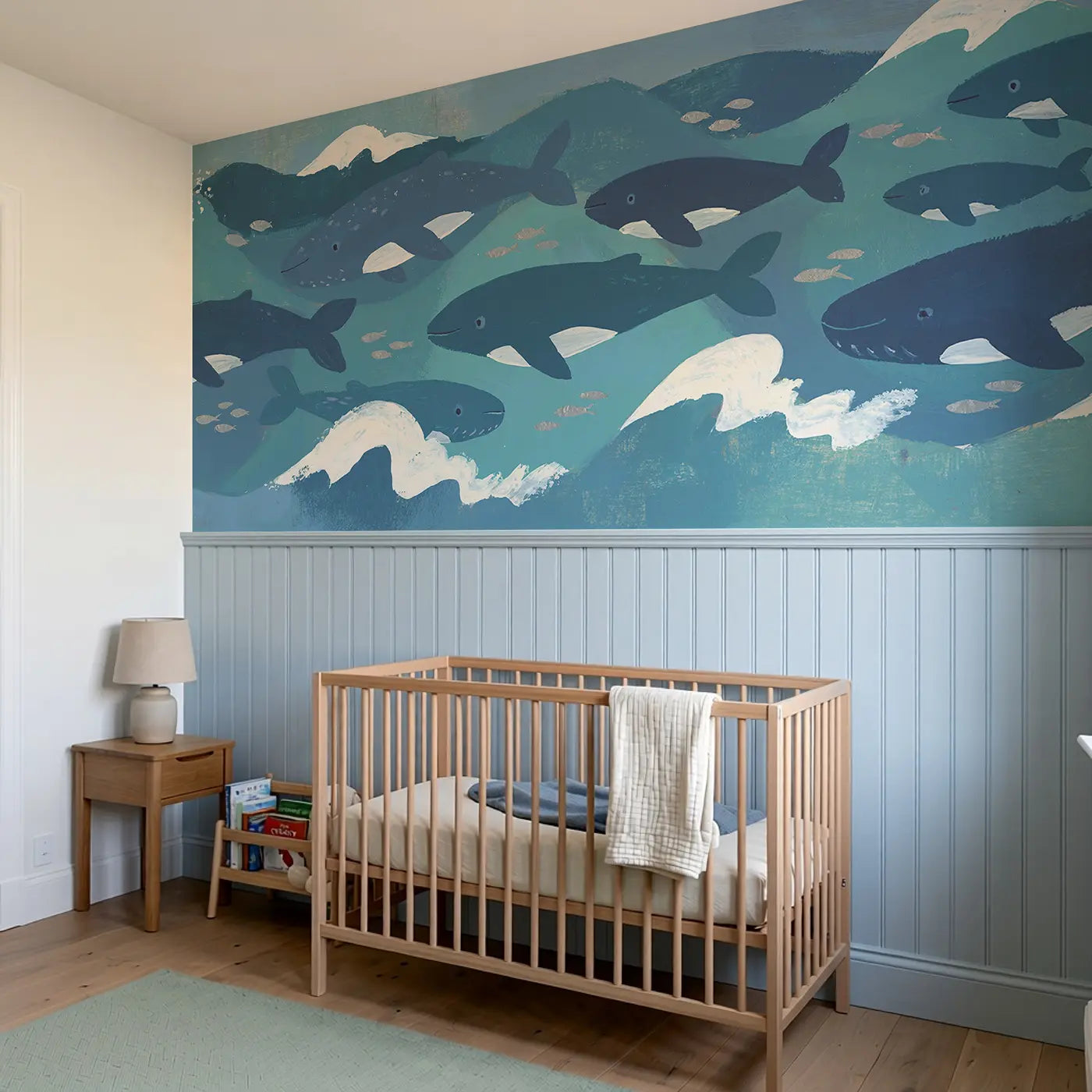 Graphic Whale Pod Ocean Wainscoting Wallpaper styled in a kids bedroom by Whimsy Tots