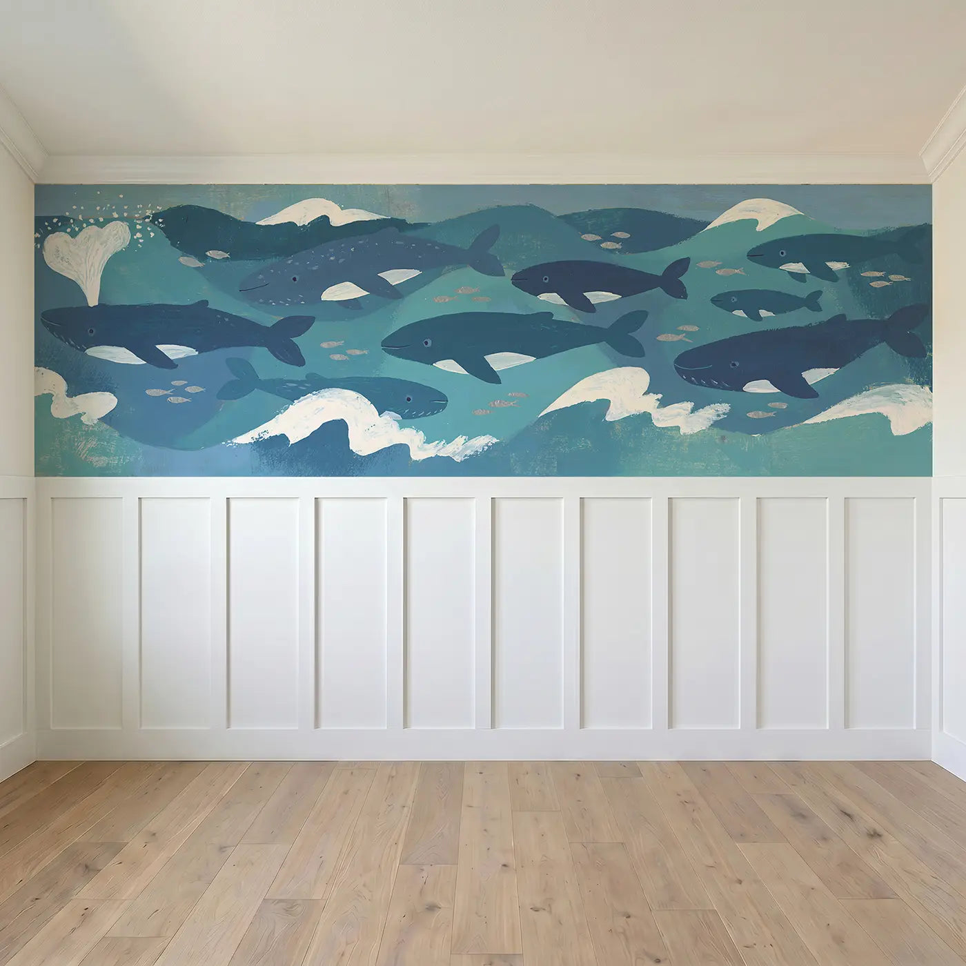 Full panel view of Graphic Whale Pod Ocean Wainscoting Wallpaper by Whimsy Tots