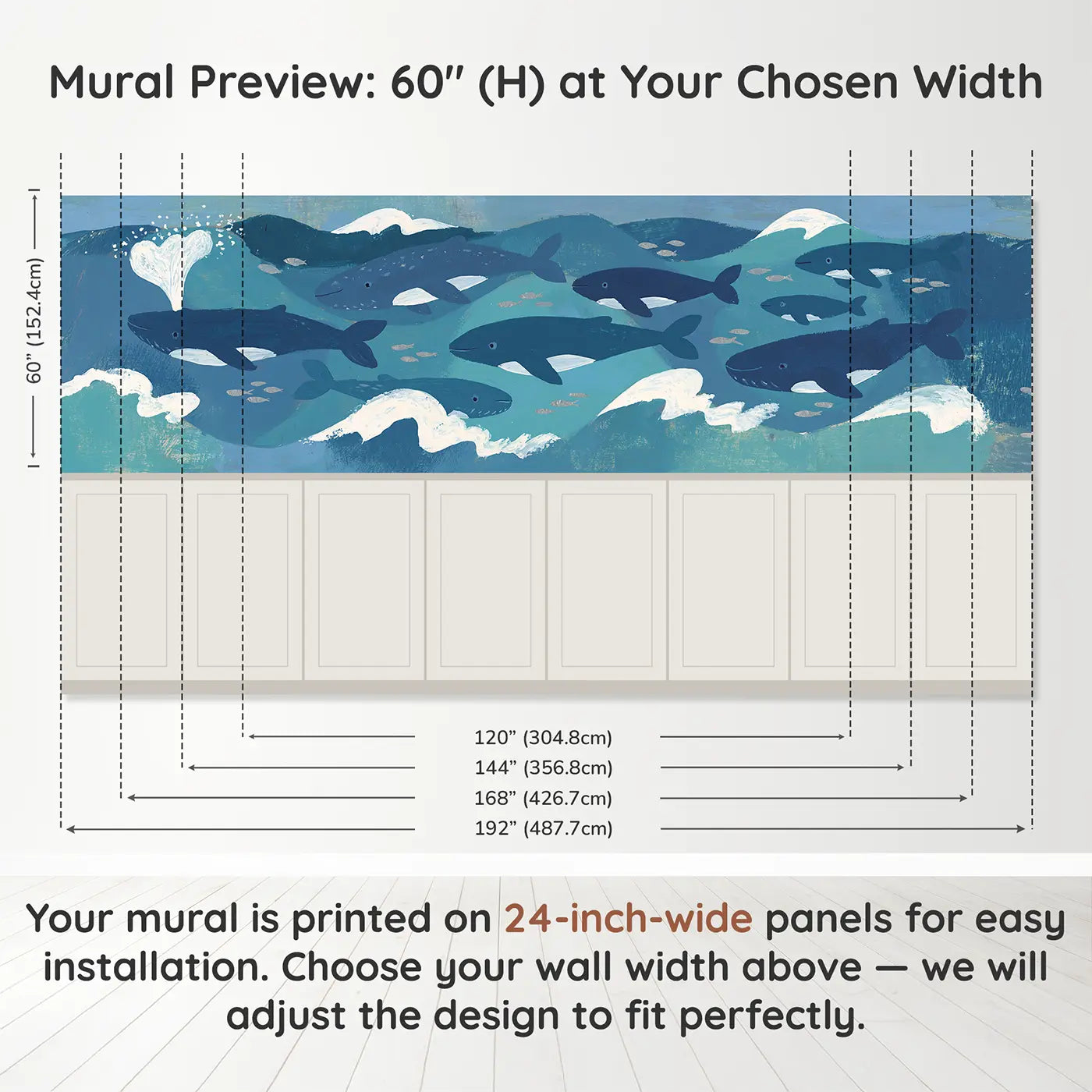 Panel dimensions for Graphic Whale Pod Ocean Wainscoting Wallpaper by Whimsy Tots