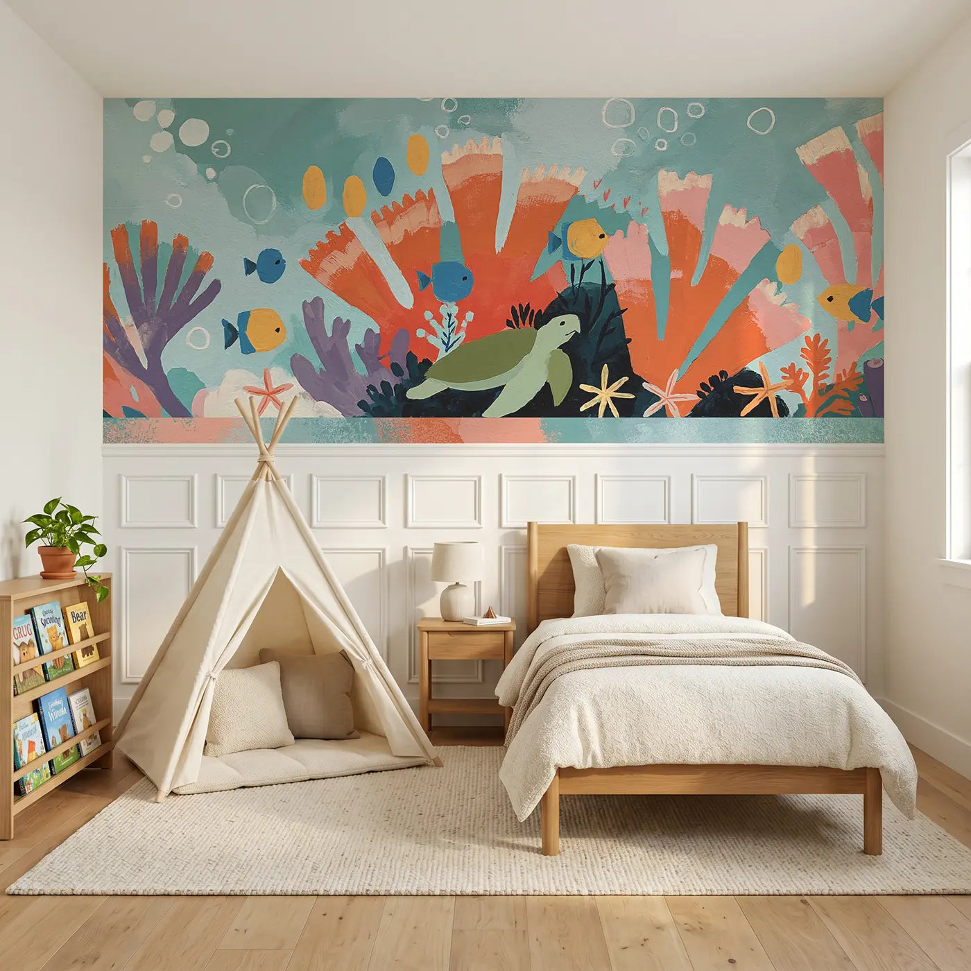 Modern Illustration flat coral reef garden wainscoting wallpaper for nursery by Whimsy Tots