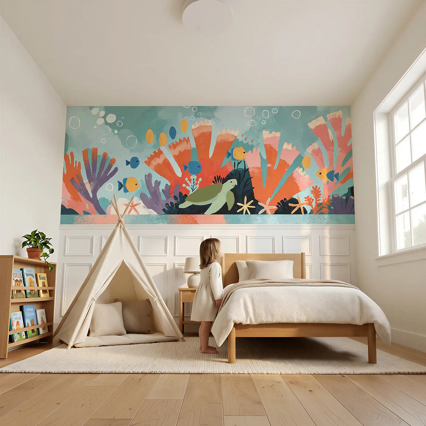 Child reading near Flat Coral Reef Garden Wainscoting Wallpaper by Whimsy Tots