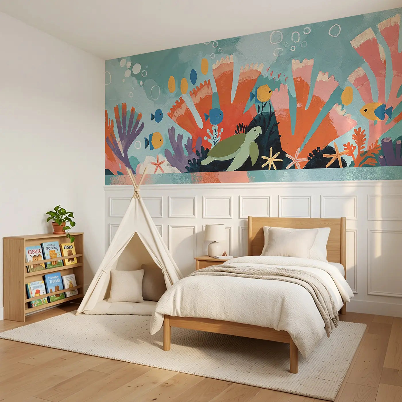 Flat Coral Reef Garden Wainscoting Wallpaper styled in a kids bedroom by Whimsy Tots