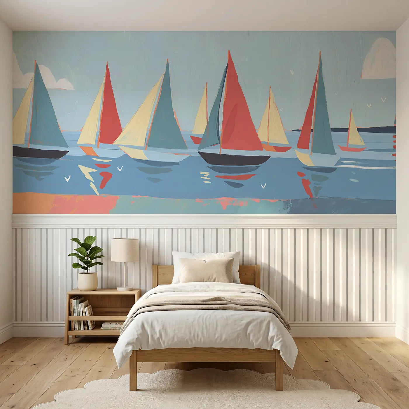 Modern Illustration Scandi sailboat harbor wainscoting wallpaper for nursery by Whimsy Tots