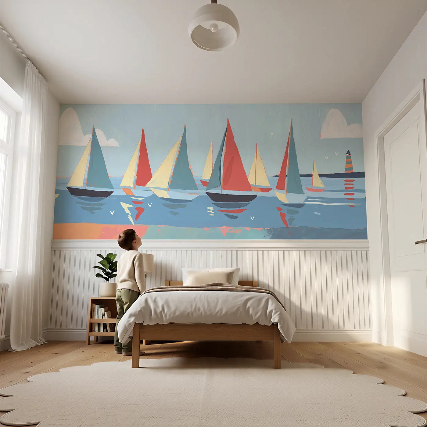 Child reading near Scandi Sailboat Harbor Wainscoting Wallpaper by Whimsy Tots