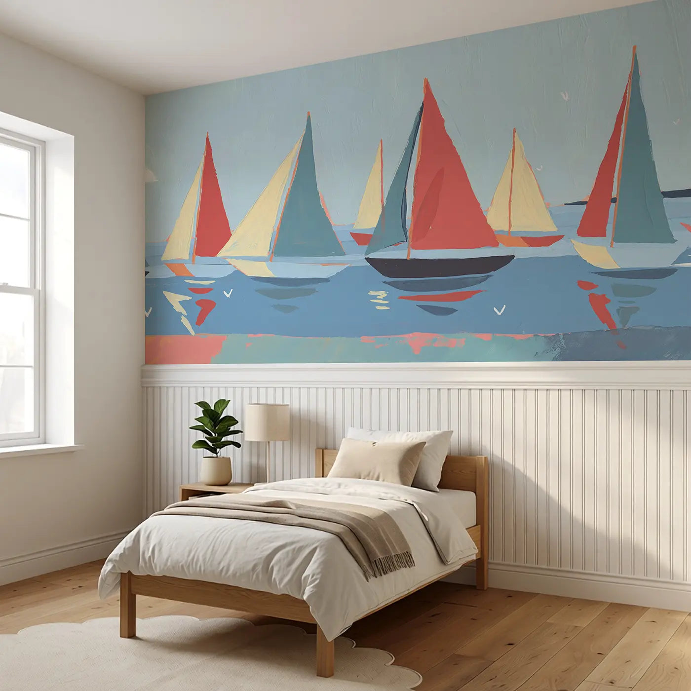 Scandi Sailboat Harbor Wainscoting Wallpaper styled in a kids bedroom by Whimsy Tots