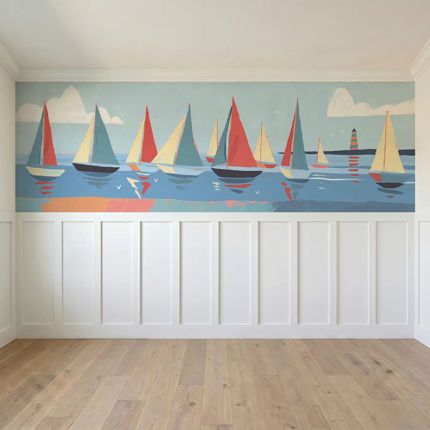 Full panel view of Scandi Sailboat Harbor Wainscoting Wallpaper by Whimsy Tots