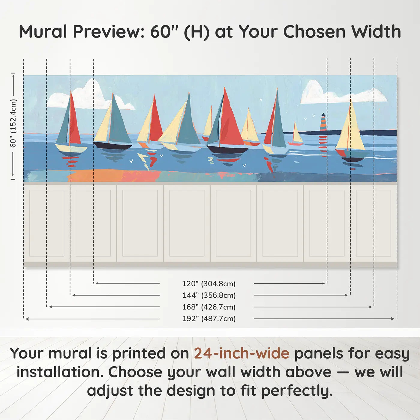 Panel dimensions for Scandi Sailboat Harbor Wainscoting Wallpaper by Whimsy Tots