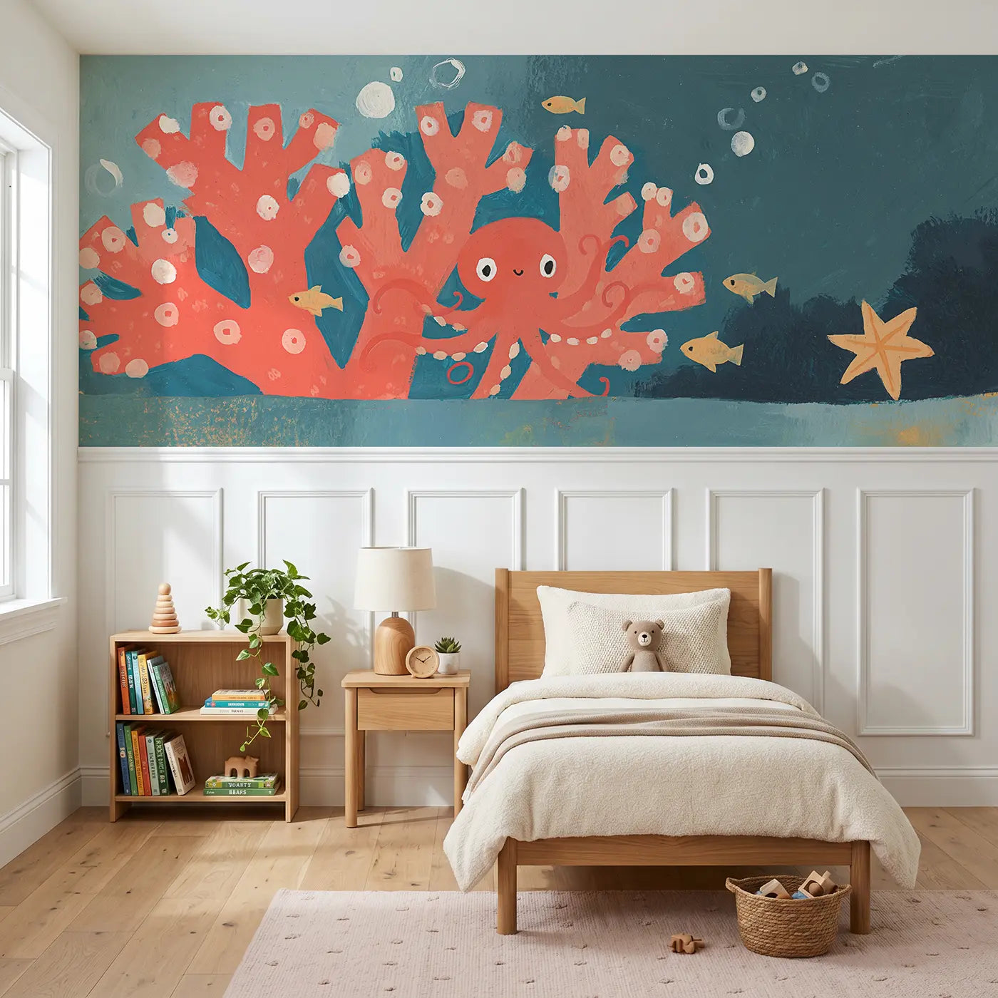 Modern Illustration graphic octopus friends wainscoting wallpaper for nursery by Whimsy Tots