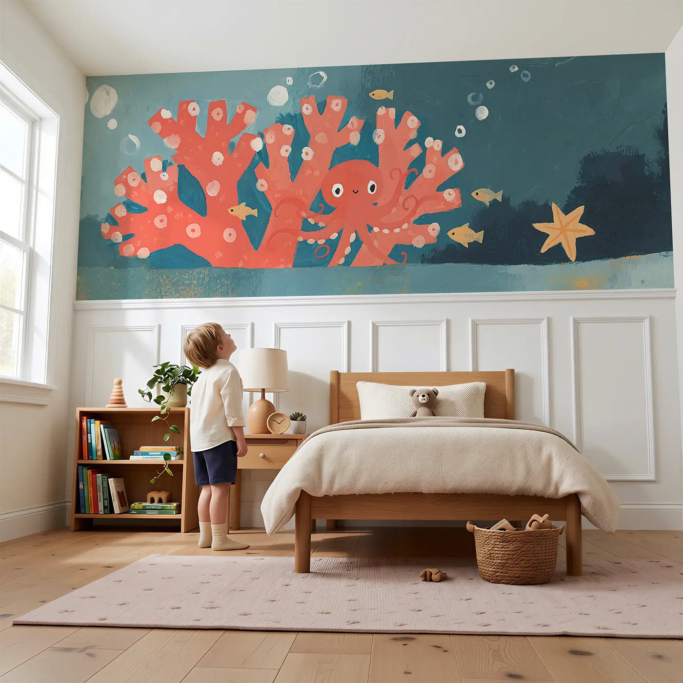 Child reading near Graphic Octopus Friends Wainscoting Wallpaper by Whimsy Tots