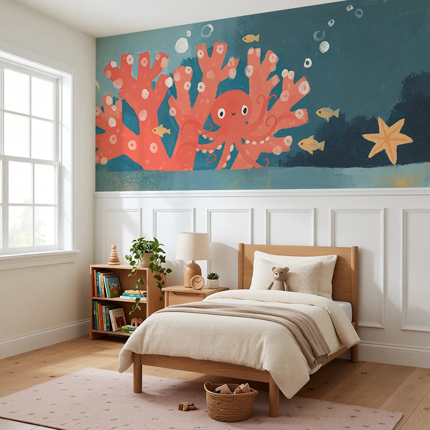 Graphic Octopus Friends Wainscoting Wallpaper styled in a kids bedroom by Whimsy Tots