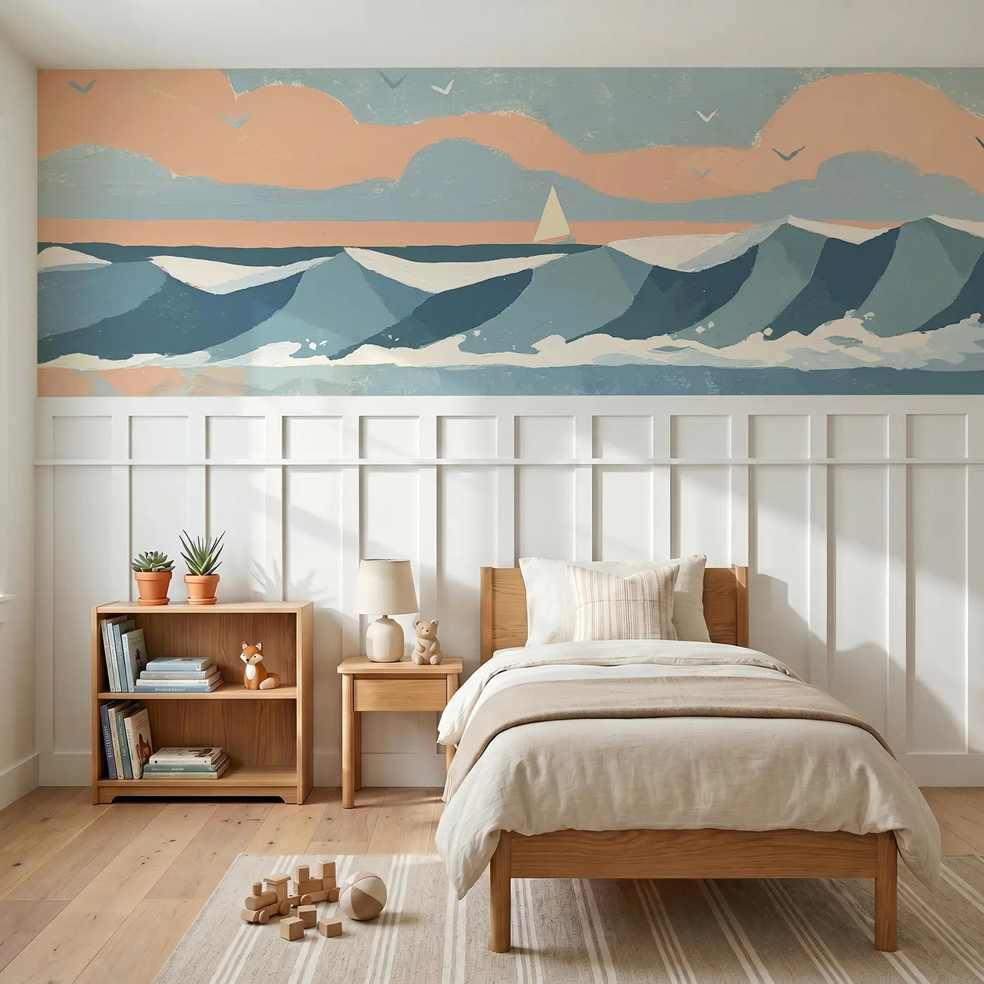 Modern Illustration bold wave ocean horizon wainscoting wallpaper for nursery by Whimsy Tots