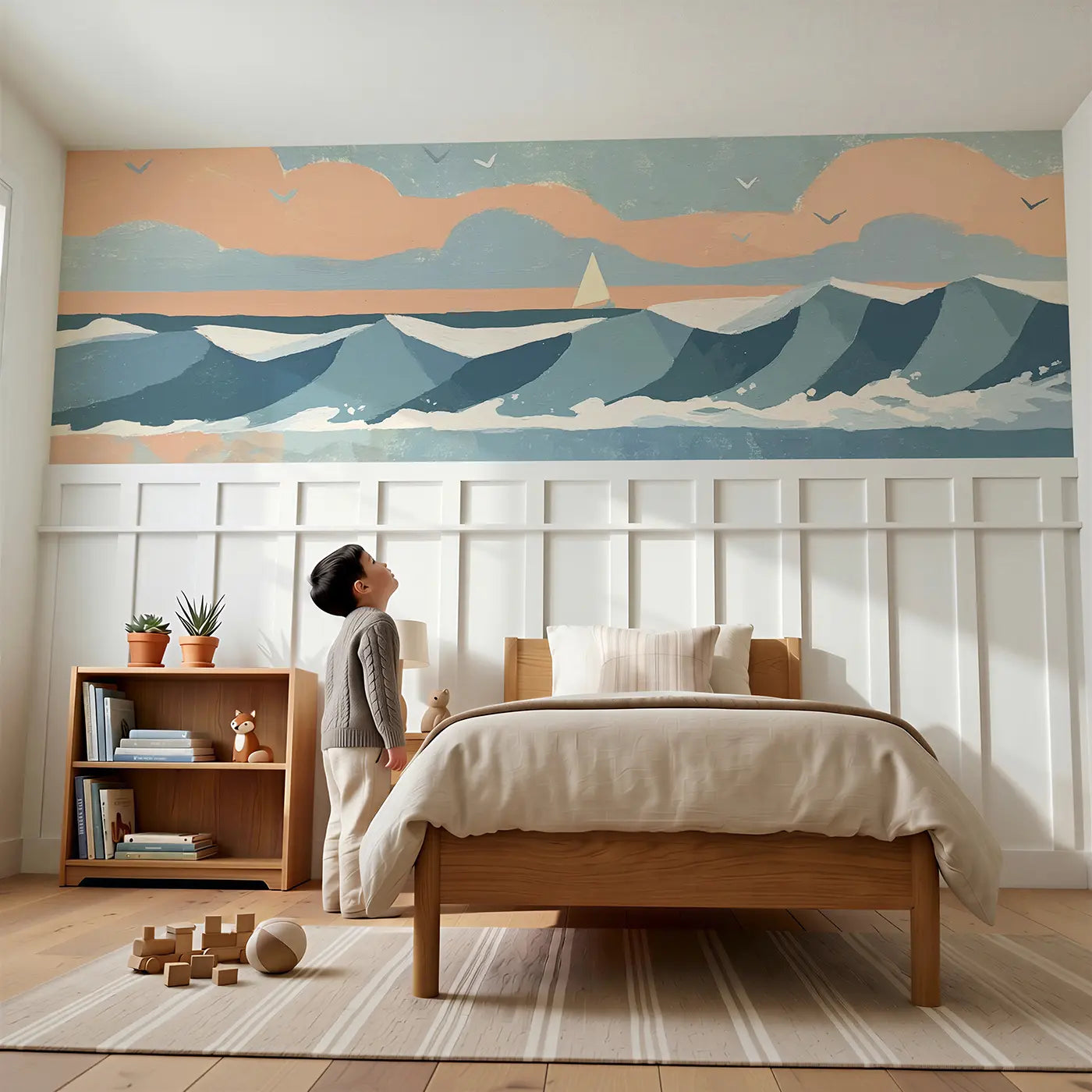 Child reading near Bold Wave Ocean Horizon Wainscoting Wallpaper by Whimsy Tots