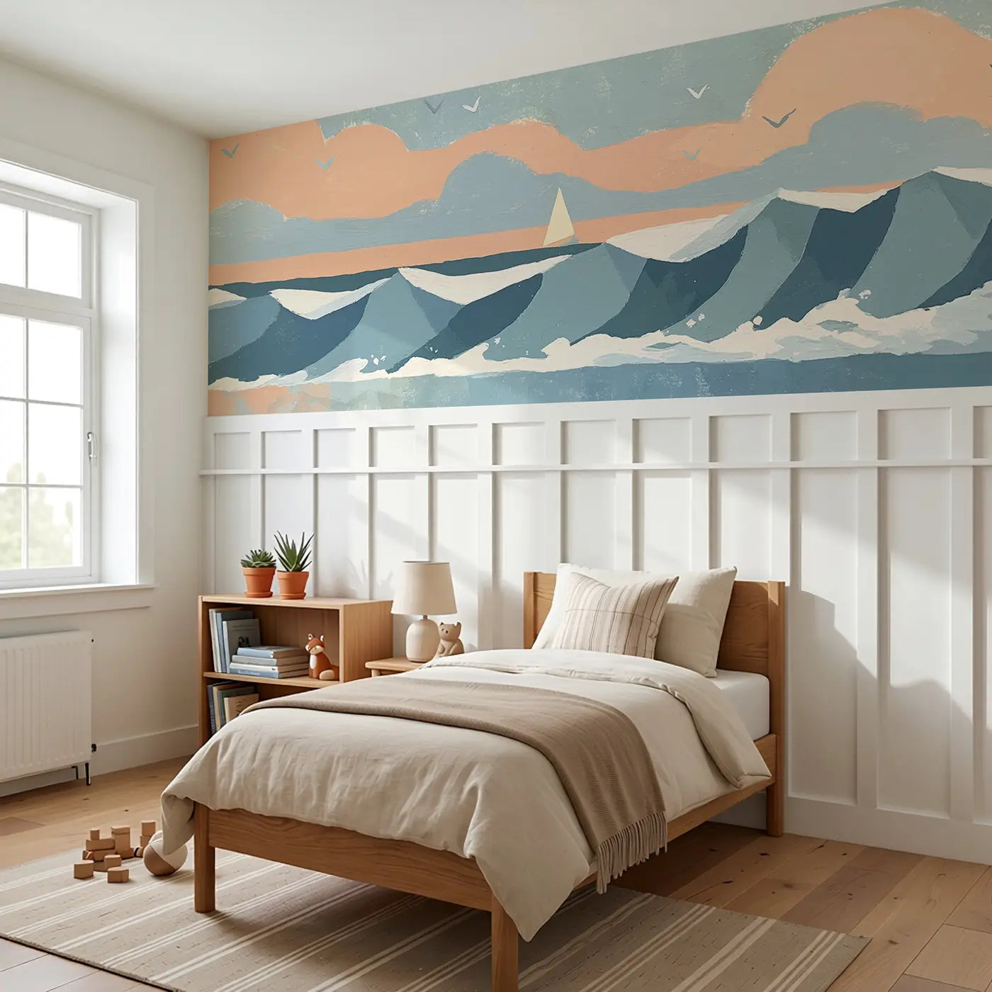 Bold Wave Ocean Horizon Wainscoting Wallpaper styled in a kids bedroom by Whimsy Tots