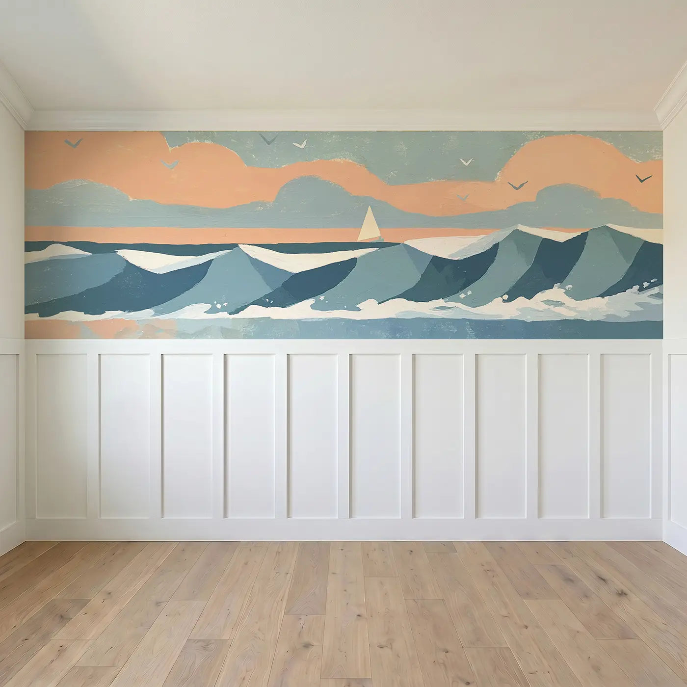 Full panel view of Bold Wave Ocean Horizon Wainscoting Wallpaper by Whimsy Tots