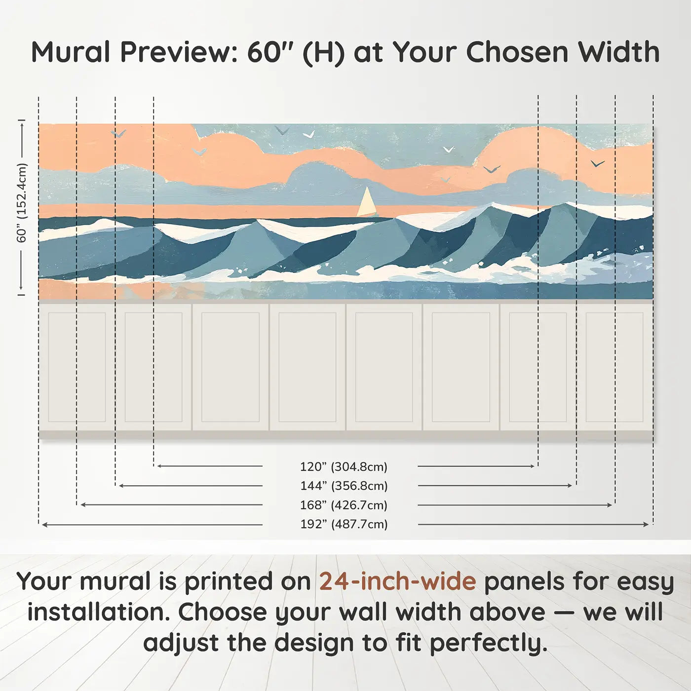 Panel dimensions for Bold Wave Ocean Horizon Wainscoting Wallpaper by Whimsy Tots