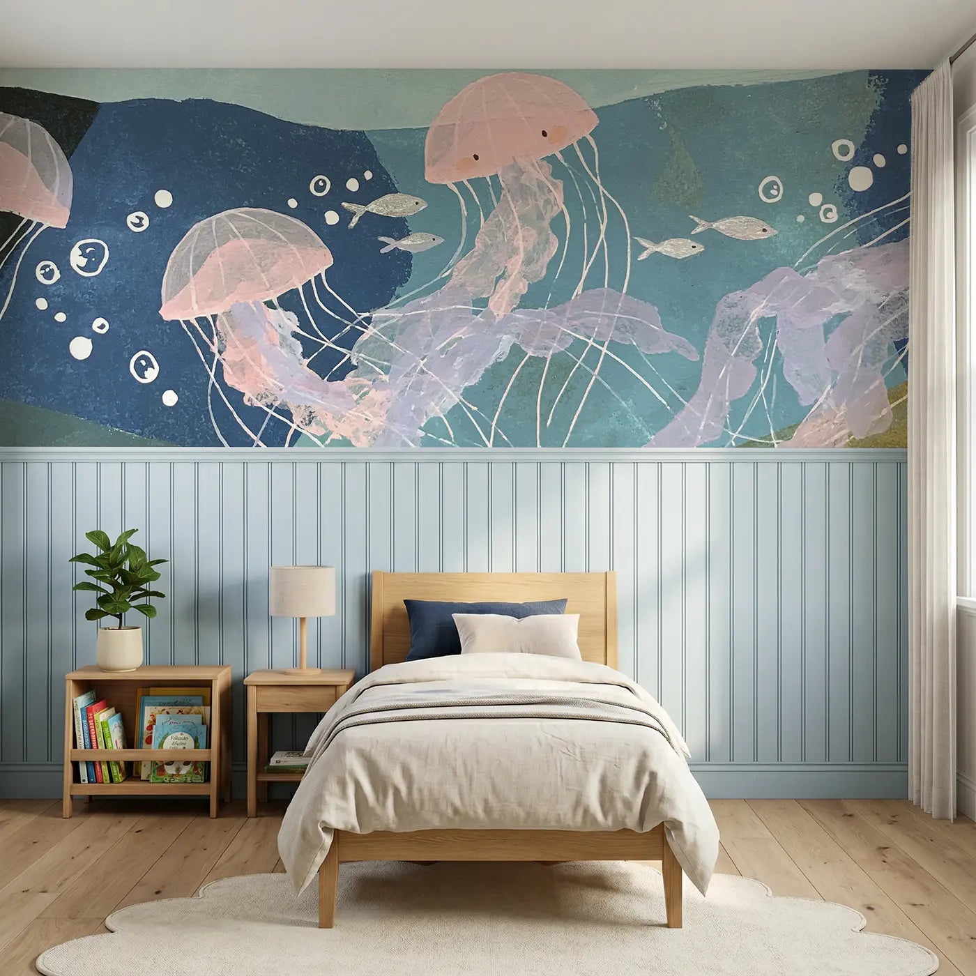 Modern Illustration flat jellyfish float wainscoting wallpaper for nursery by Whimsy Tots