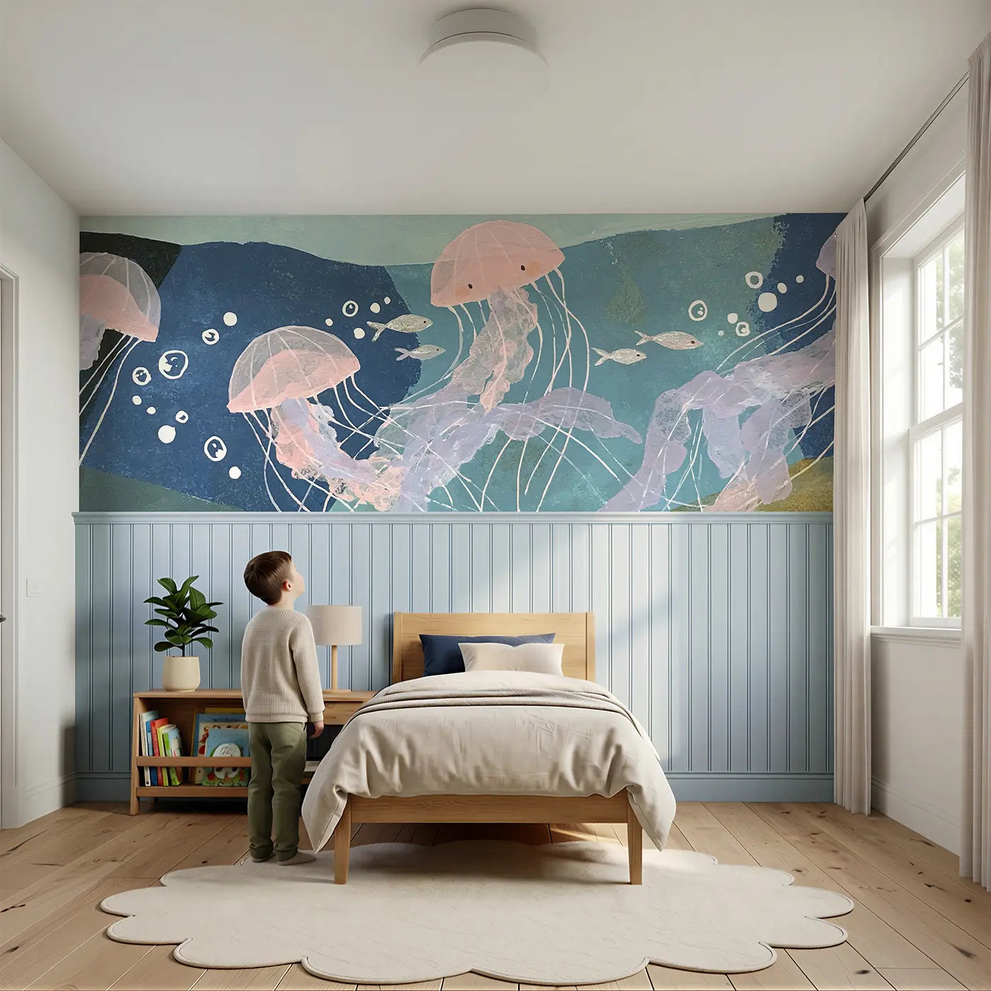 Child reading near Flat Jellyfish Float Wainscoting Wallpaper by Whimsy Tots