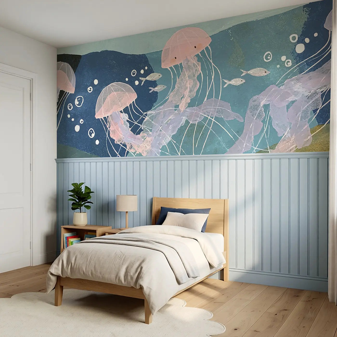 Flat Jellyfish Float Wainscoting Wallpaper styled in a kids bedroom by Whimsy Tots