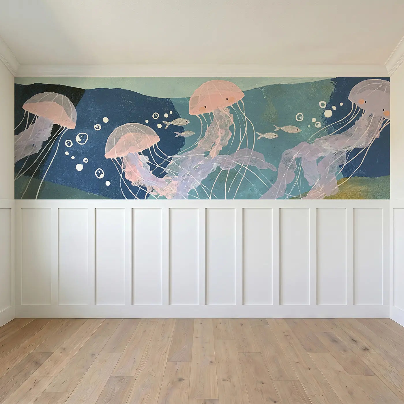 Full panel view of Flat Jellyfish Float Wainscoting Wallpaper by Whimsy Tots