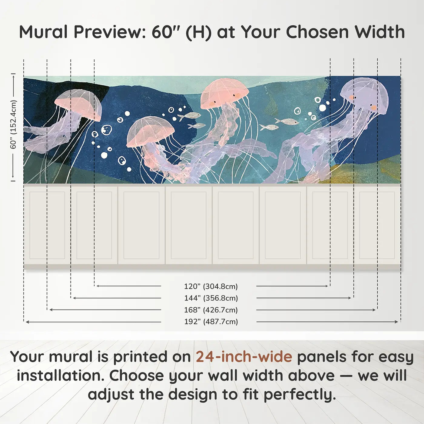 Panel dimensions for Flat Jellyfish Float Wainscoting Wallpaper by Whimsy Tots