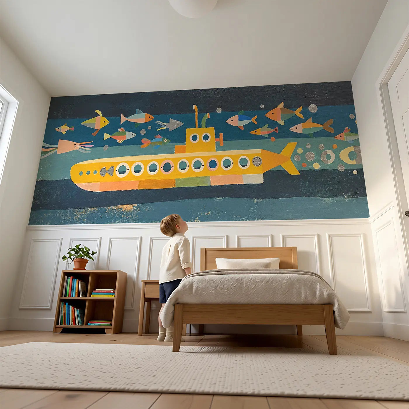Child reading near Graphic Submarine Deep Wainscoting Wallpaper by Whimsy Tots