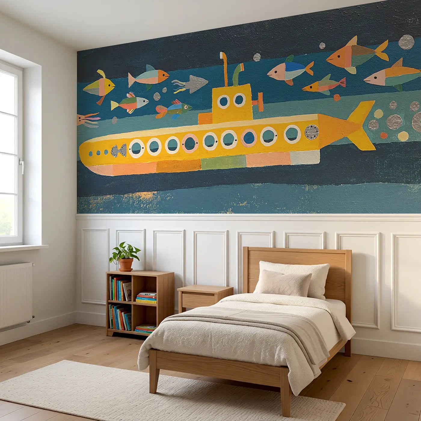 Graphic Submarine Deep Wainscoting Wallpaper styled in a kids bedroom by Whimsy Tots