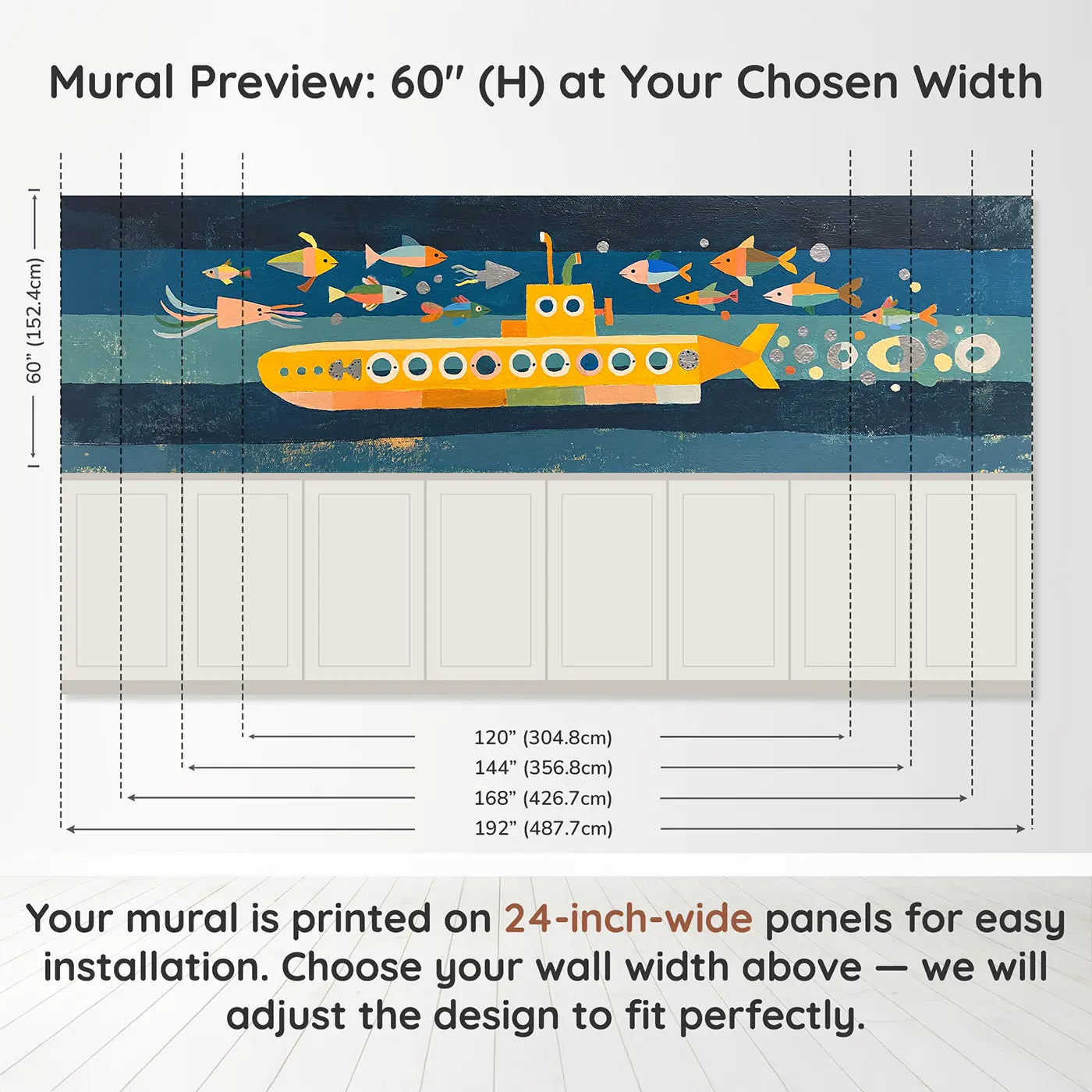 Panel dimensions for Graphic Submarine Deep Wainscoting Wallpaper by Whimsy Tots