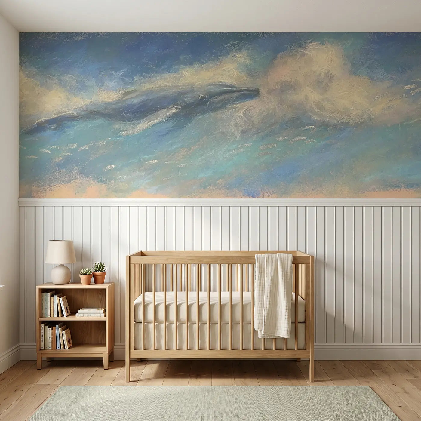 Soft Pastel chalk whale cloud swim wainscoting wallpaper for nursery by Whimsy Tots