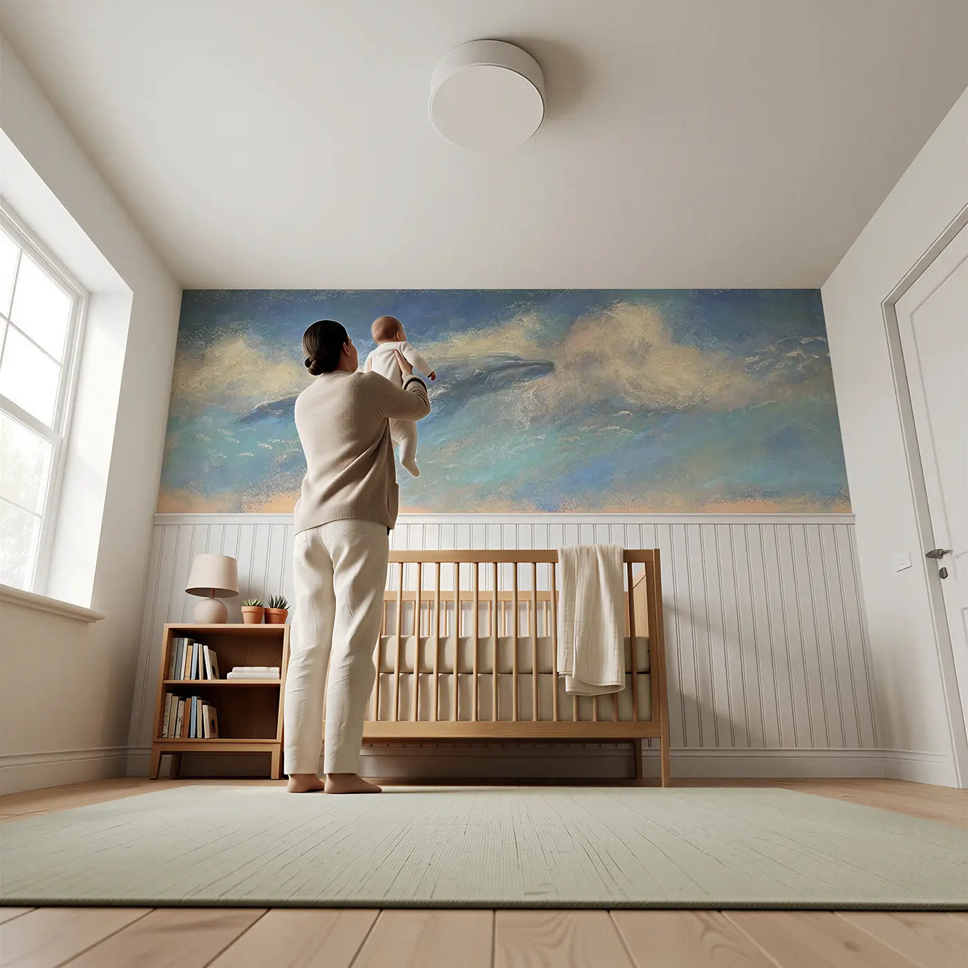 Child reading near Chalk Whale Cloud Swim Wainscoting Wallpaper by Whimsy Tots