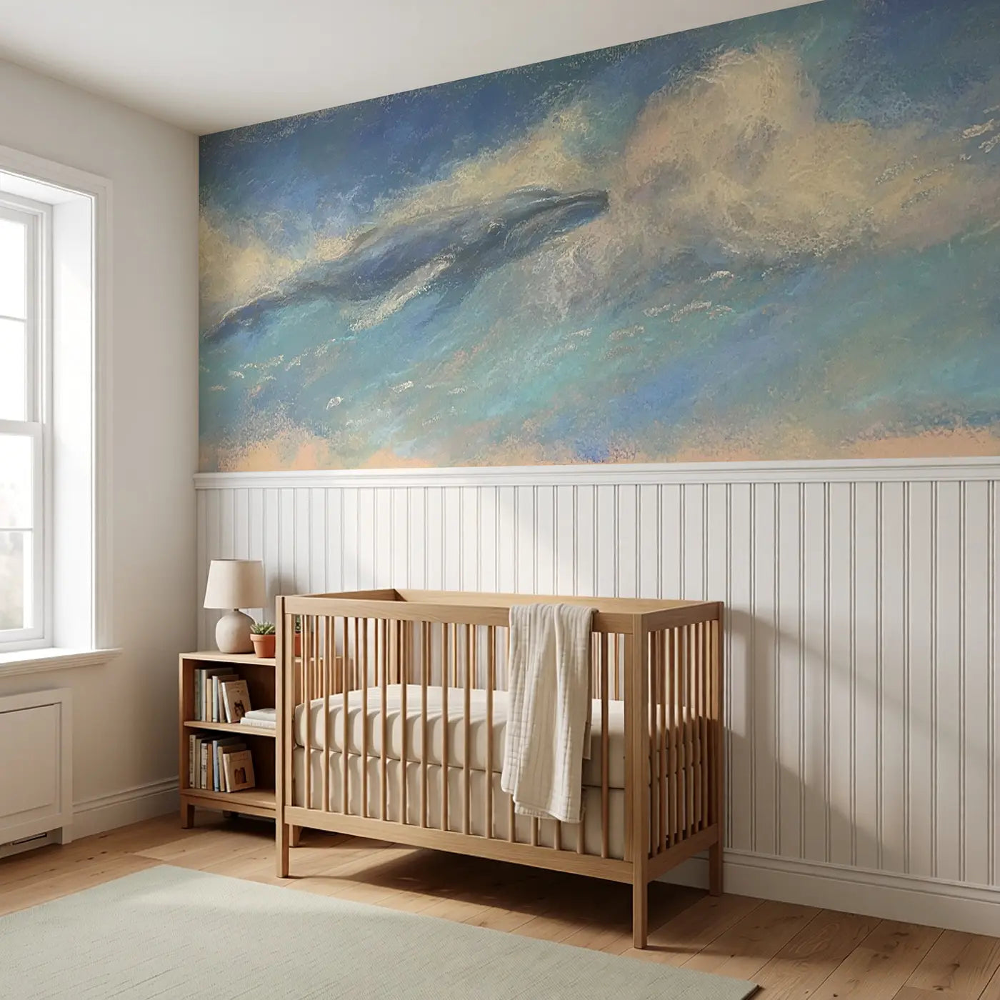 Chalk Whale Cloud Swim Wainscoting Wallpaper styled in a kids bedroom by Whimsy Tots