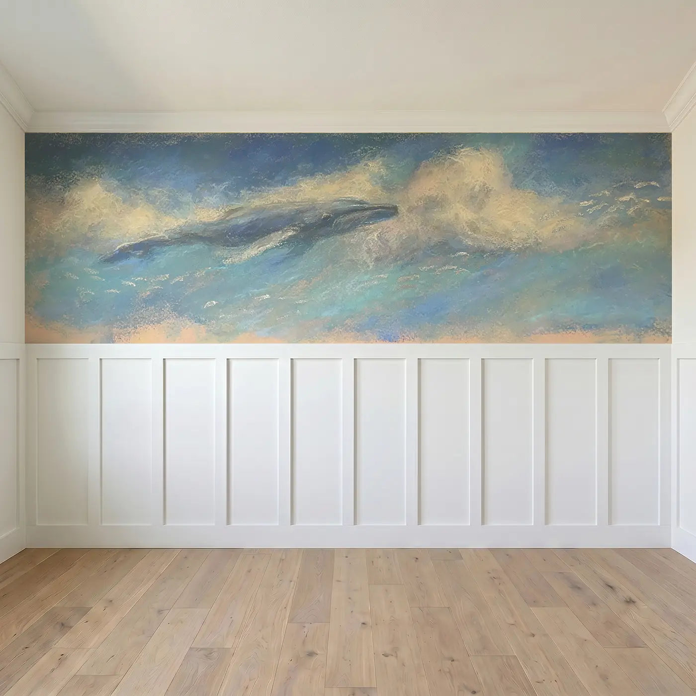 Full panel view of Chalk Whale Cloud Swim Wainscoting Wallpaper by Whimsy Tots