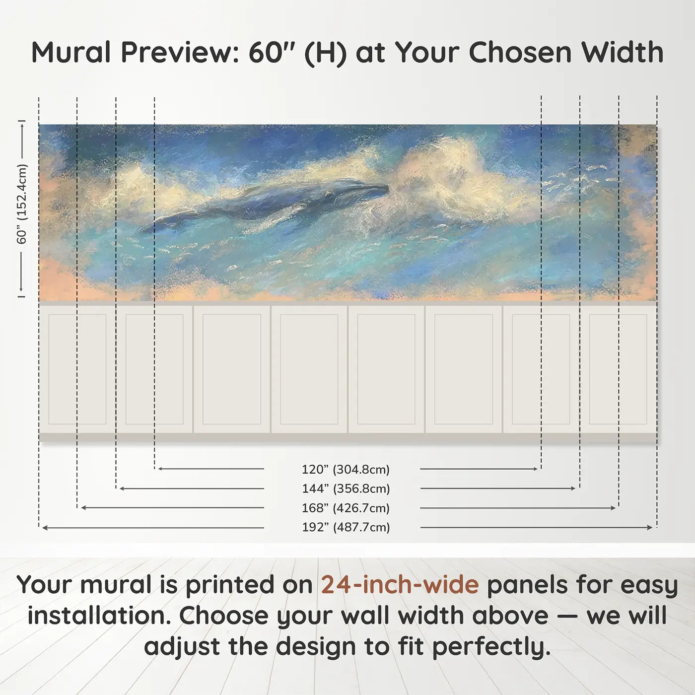 Panel dimensions for Chalk Whale Cloud Swim Wainscoting Wallpaper by Whimsy Tots