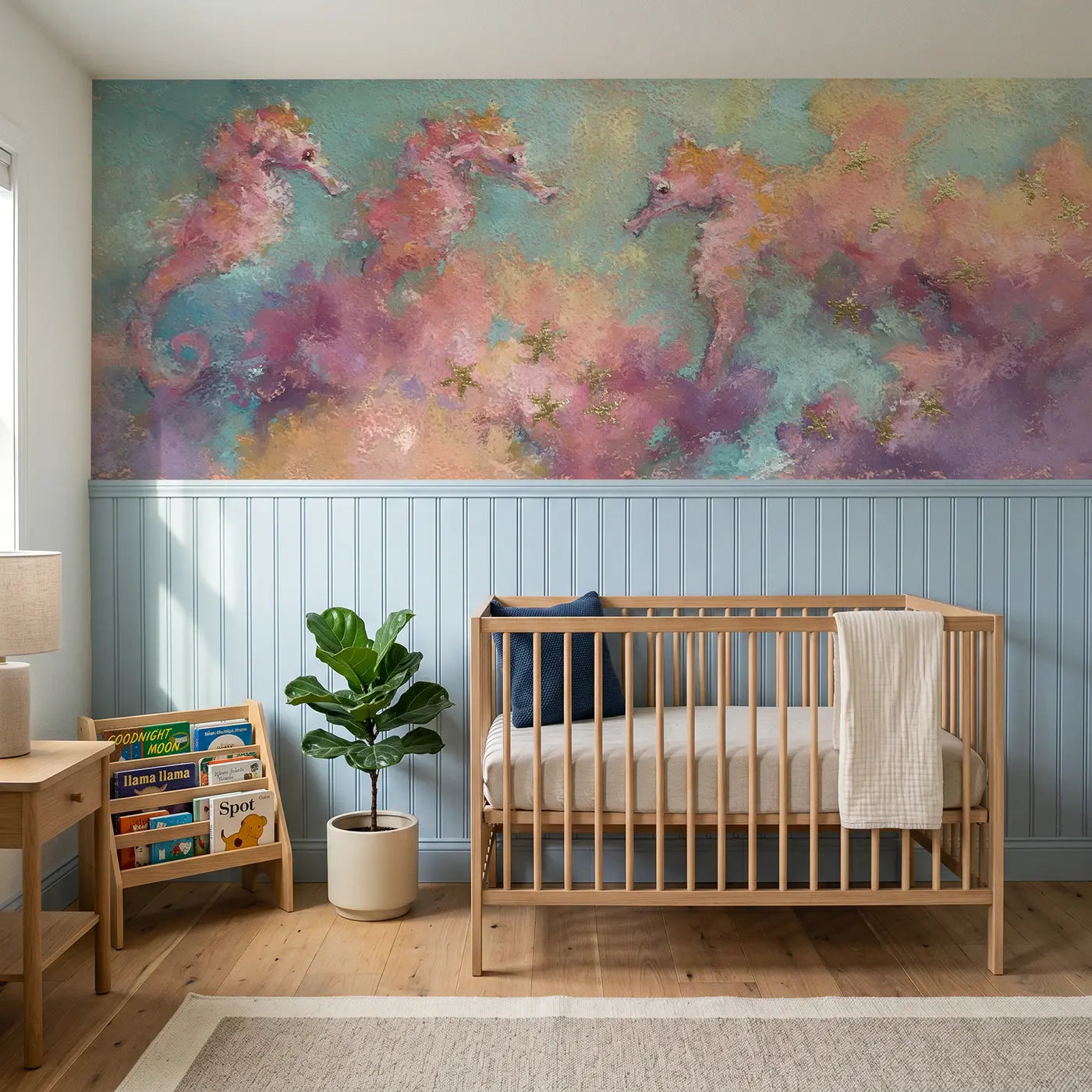 Soft Pastel seahorse garden wainscoting wallpaper for nursery by Whimsy Tots