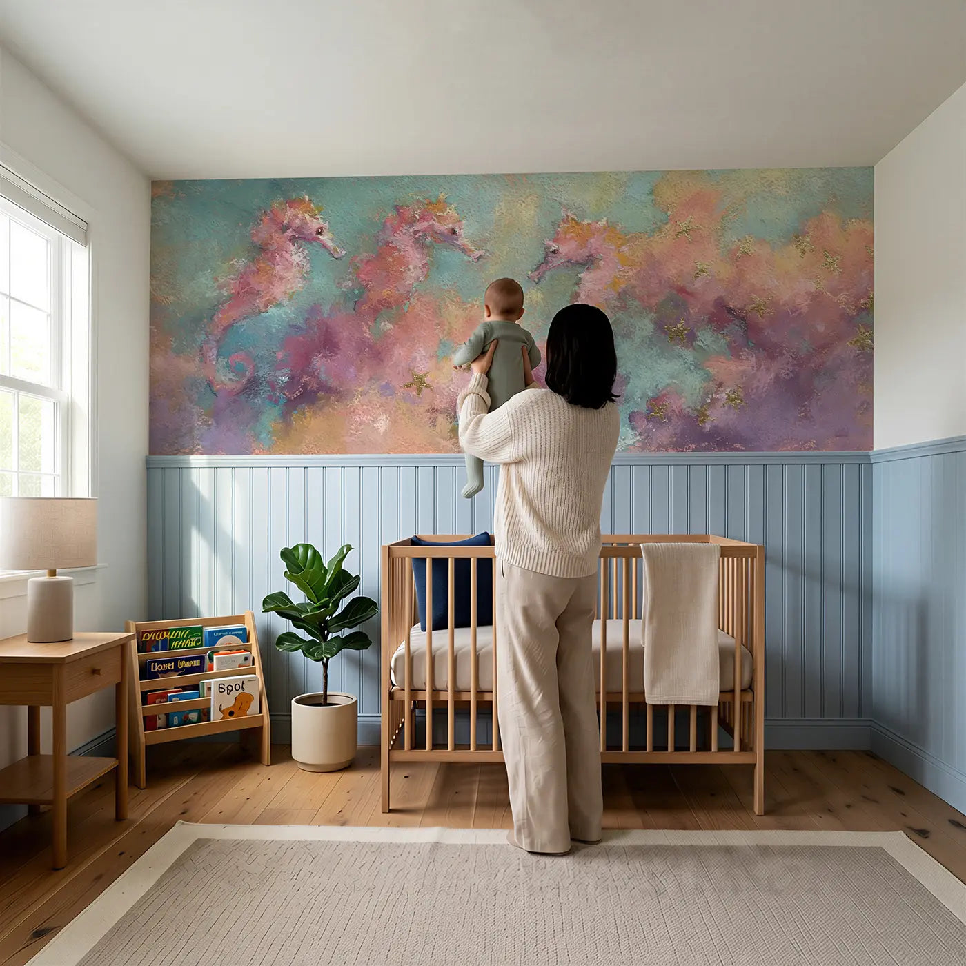 Child reading near Pastel Seahorse Garden Wainscoting Wallpaper by Whimsy Tots