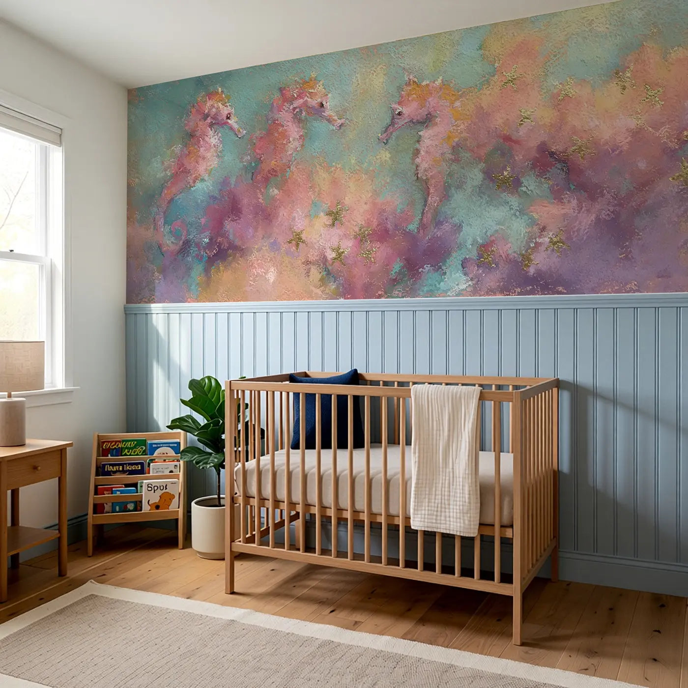 Pastel Seahorse Garden Wainscoting Wallpaper styled in a kids bedroom by Whimsy Tots