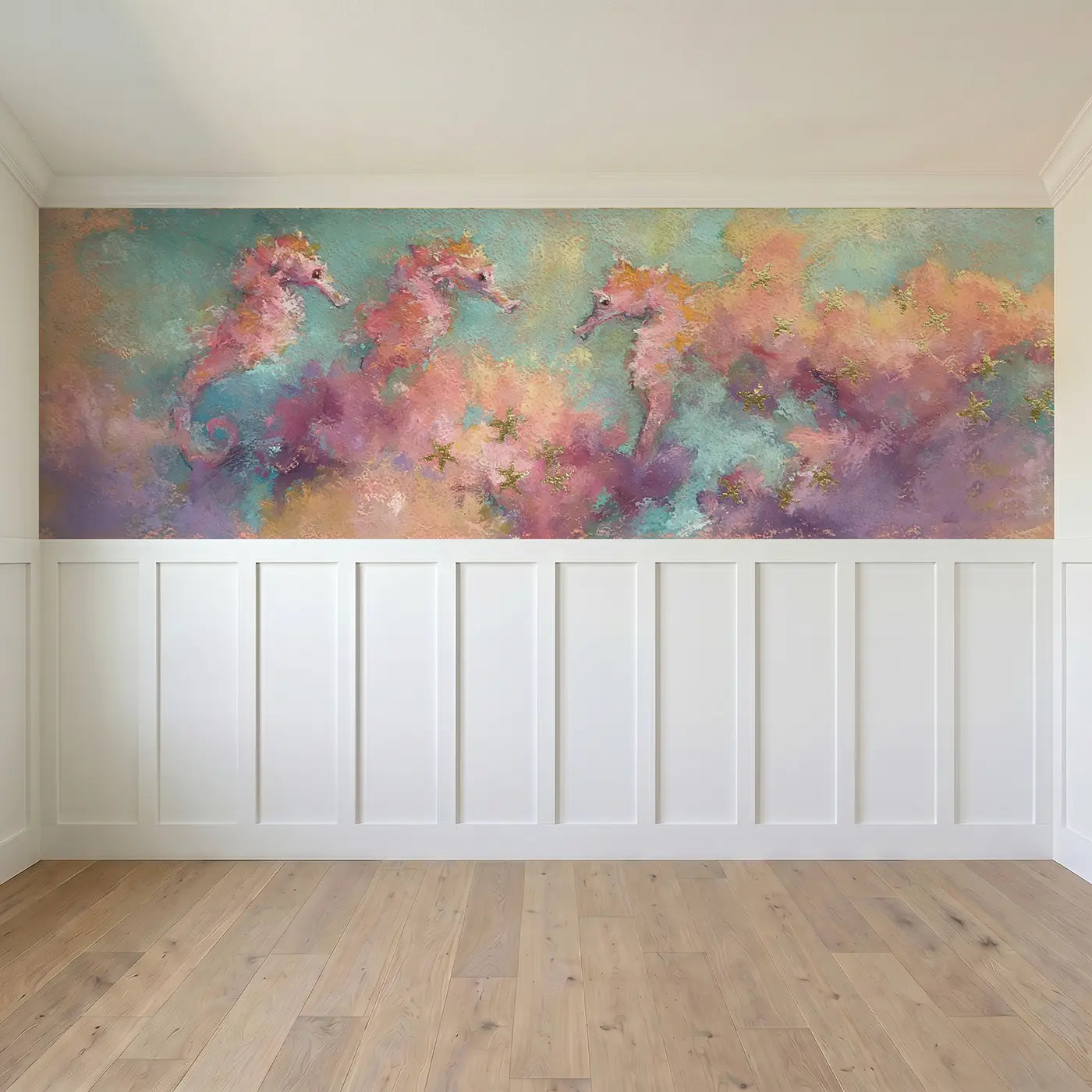 Full panel view of Pastel Seahorse Garden Wainscoting Wallpaper by Whimsy Tots