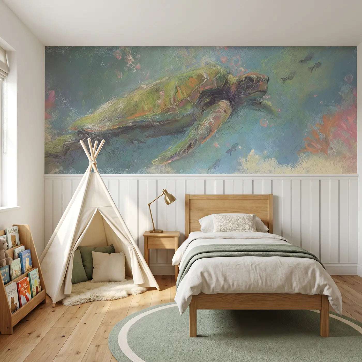 Soft Pastel fuzzy turtle reef chalk wainscoting wallpaper for nursery by Whimsy Tots