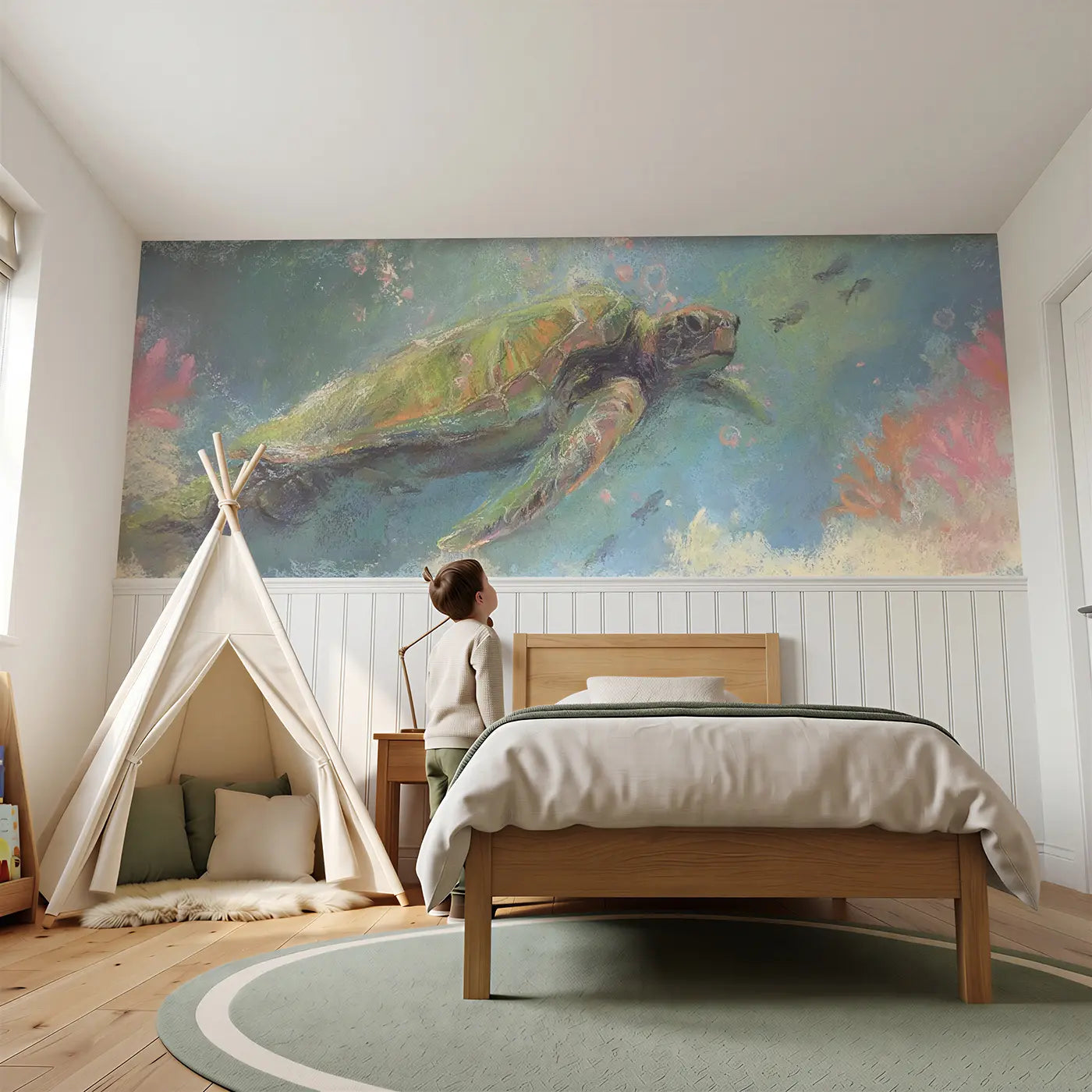 Child reading near Fuzzy Turtle Reef Chalk Wainscoting Wallpaper by Whimsy Tots