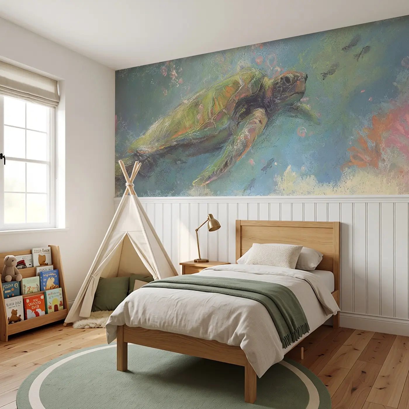 Fuzzy Turtle Reef Chalk Wainscoting Wallpaper styled in a kids bedroom by Whimsy Tots