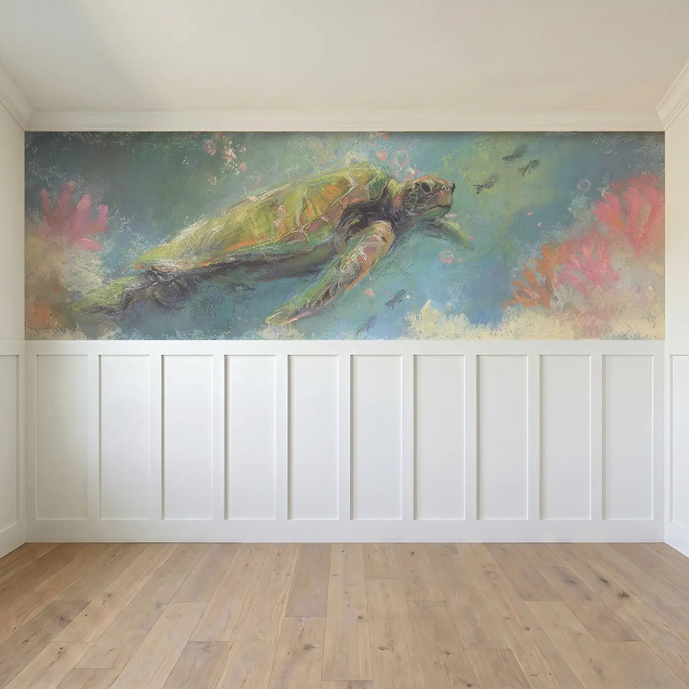 Full panel view of Fuzzy Turtle Reef Chalk Wainscoting Wallpaper by Whimsy Tots