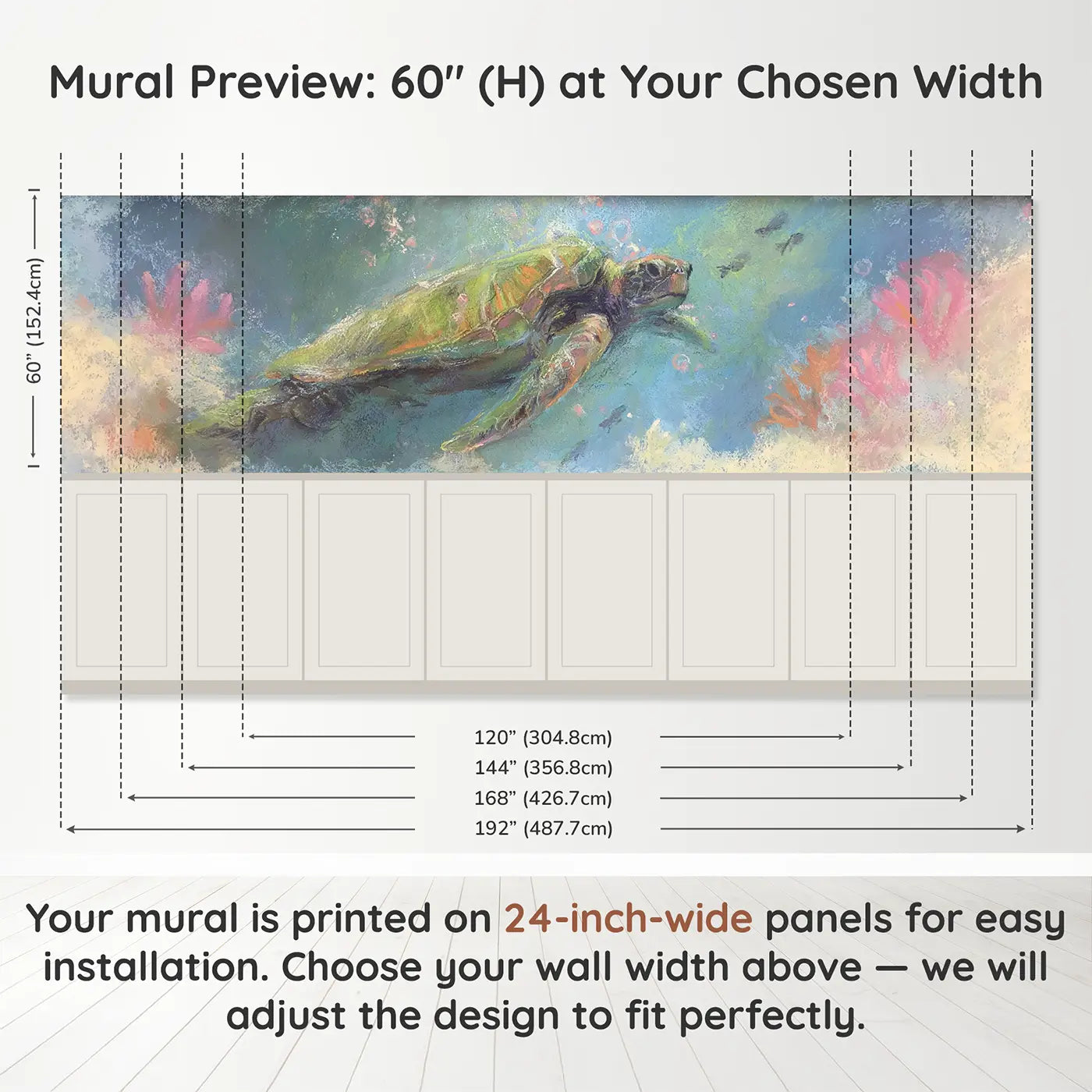 Panel dimensions for Fuzzy Turtle Reef Chalk Wainscoting Wallpaper by Whimsy Tots