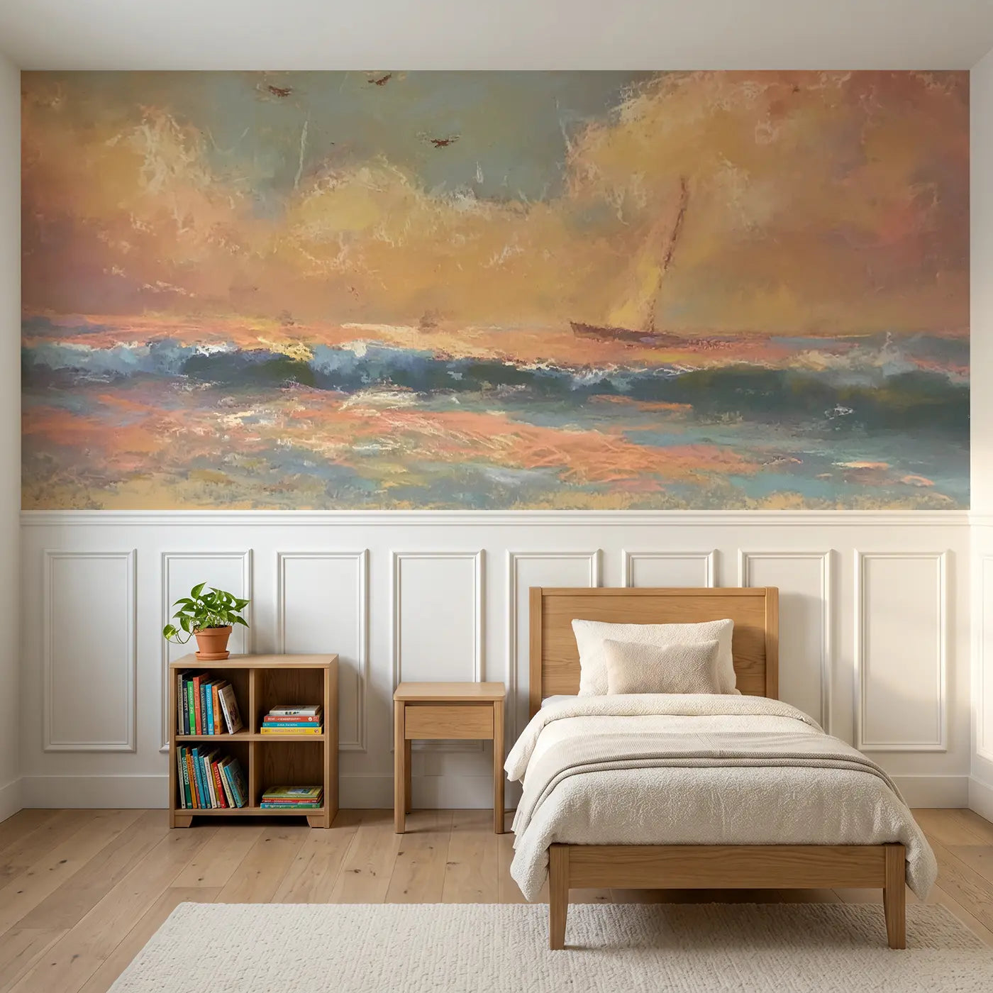Soft Pastel chalk ocean sunset glow wainscoting wallpaper for nursery by Whimsy Tots
