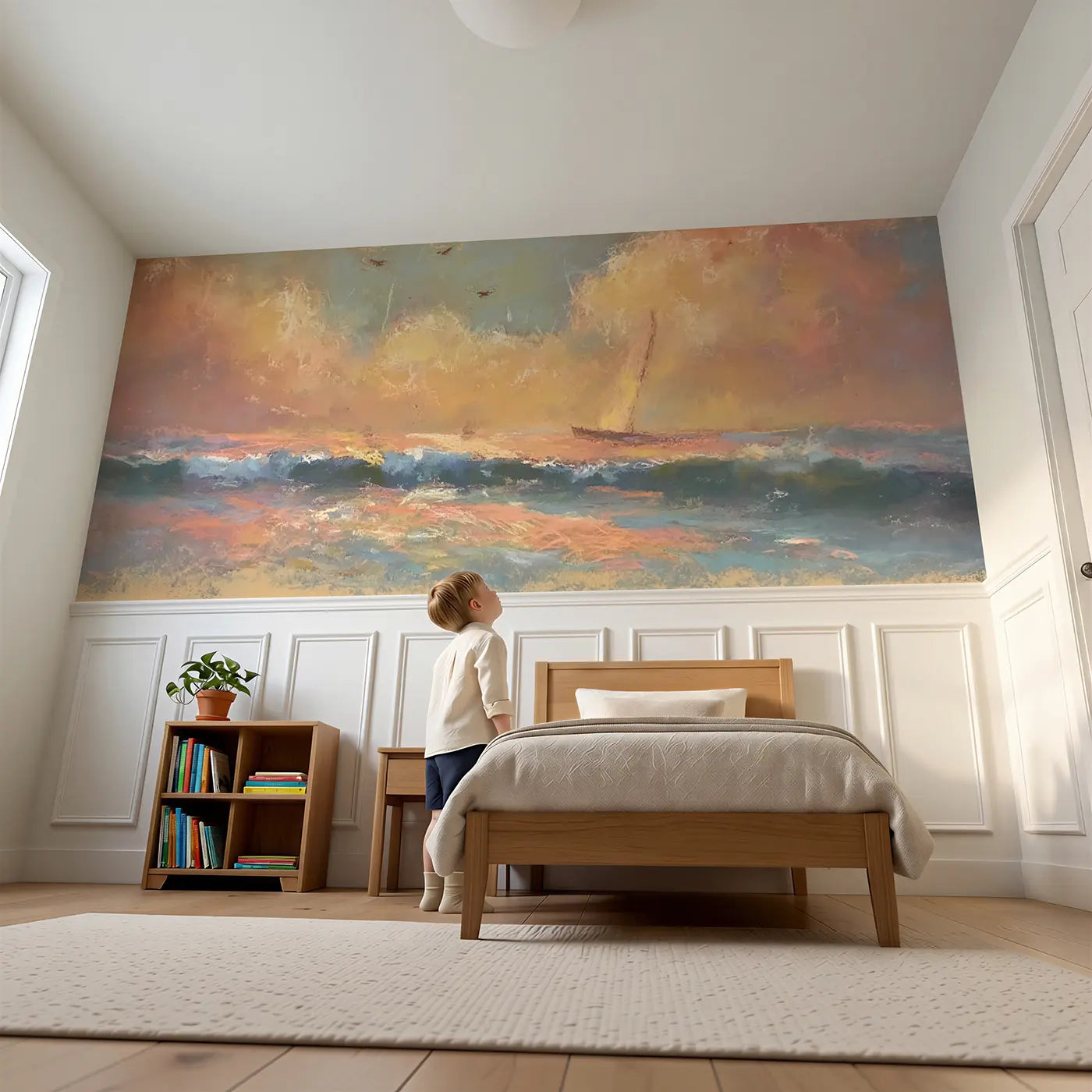 Child reading near Chalk Ocean Sunset Glow Wainscoting Wallpaper by Whimsy Tots