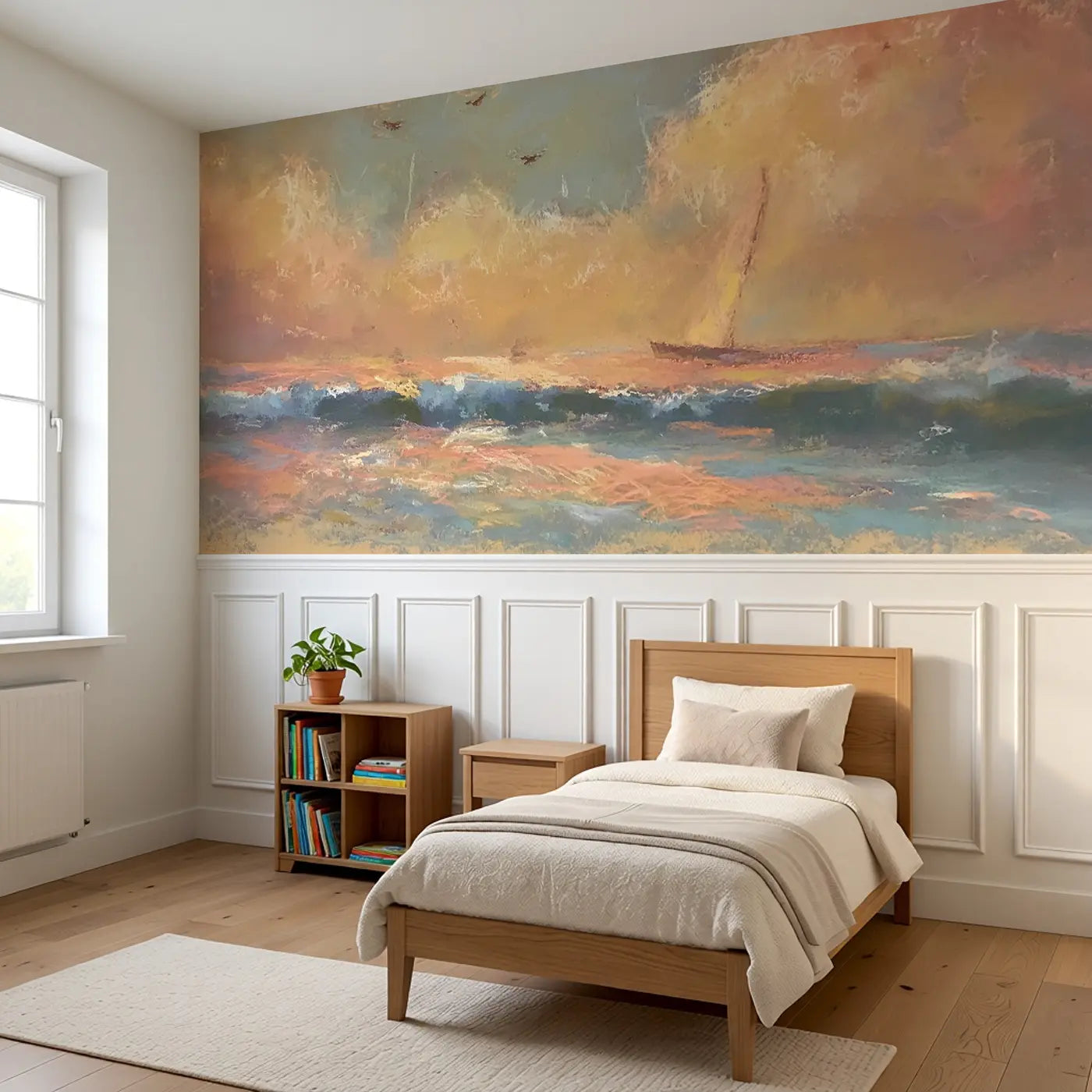 Chalk Ocean Sunset Glow Wainscoting Wallpaper styled in a kids bedroom by Whimsy Tots